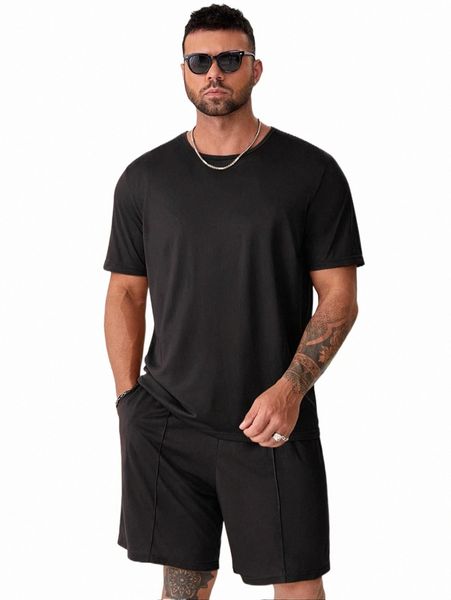 

extended sizes men solid tee & slant pocket shorts q3y6#, Gray