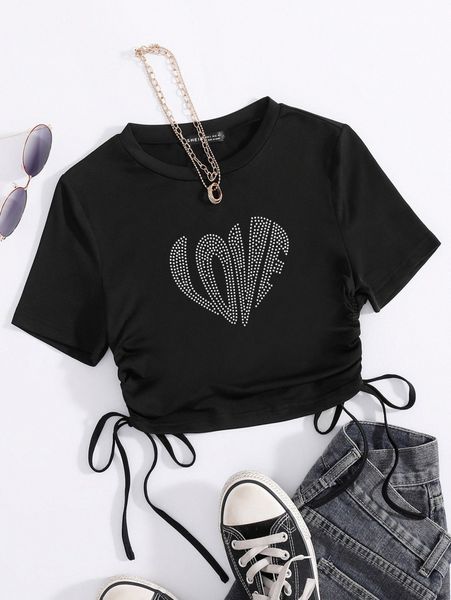 

heart & letter graphic drawstring hem tee g5vw#, White