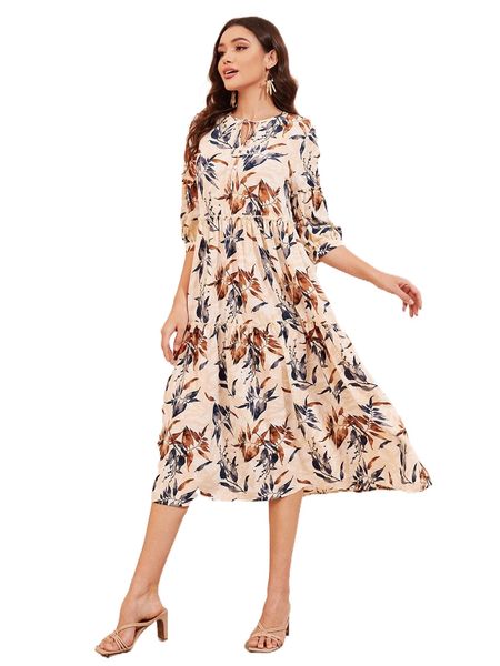 

leaf print tie neck frill trim dress 06q1#, Black;gray