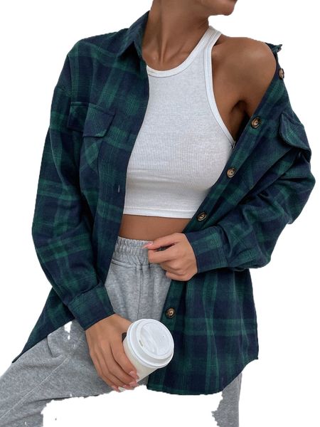 

flap pocket drop shoulder plaid coat z727#, Black