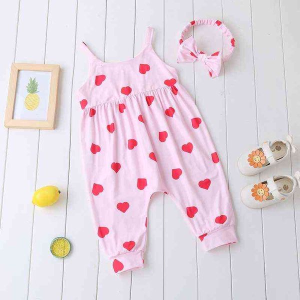 

2 pcs summer sweet baby girl romper cotton love print strap baby girl jumpsuit+bow headband comfortable baby girl clothes 0-18m g220510, Blue