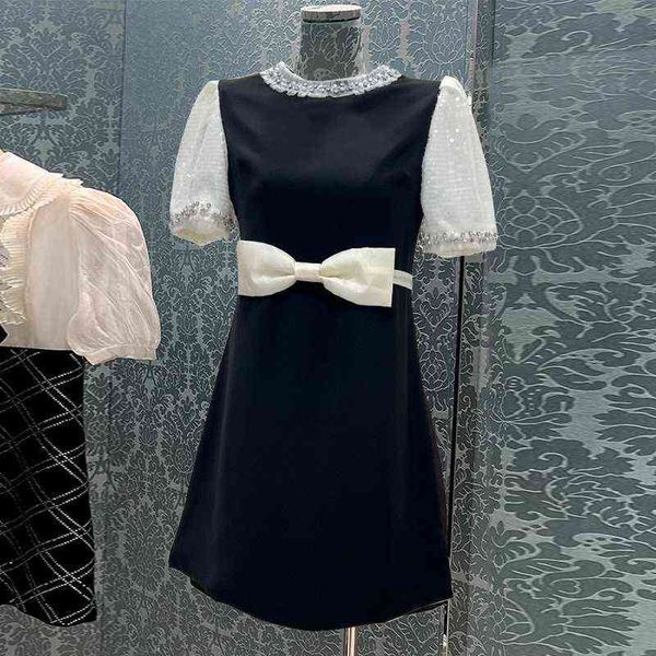 

summer new sequin bubble sleeve skirt style short heavy industry bowknot gift diamond dress, Black