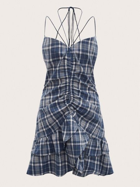 

mod plaid print crisscross tie backless drawstring ruched front layered hem slip dress v4ow#, Black;gray