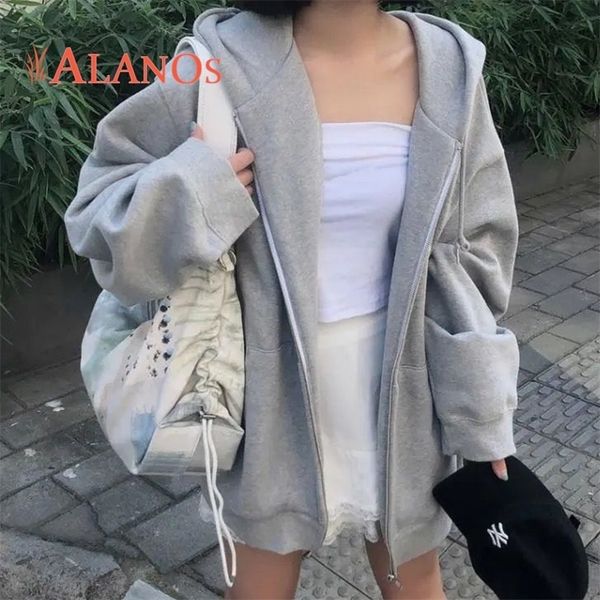 

alanos women couple hoodies sweatshirt zipup cotton solid oversized sports outfit spring winter casual loose womens clothing 220721, Black