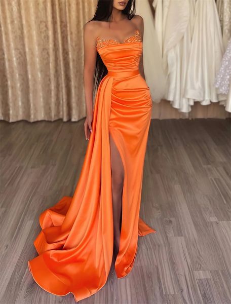 

a-line high split prom formal evening dress strapless sleeveless court train satin with slit pure color, Black;red
