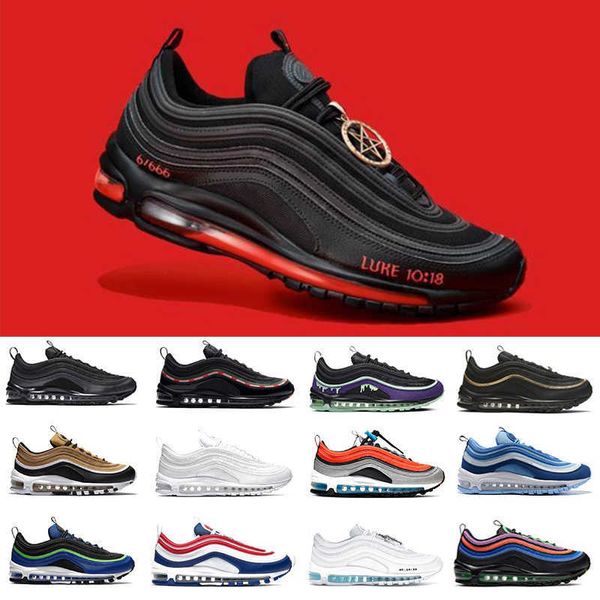 

handsome mschf lil nas x satan luke inri jesus 97 mens running shoes halloween triple black white metalic gold 97s undefeated men women