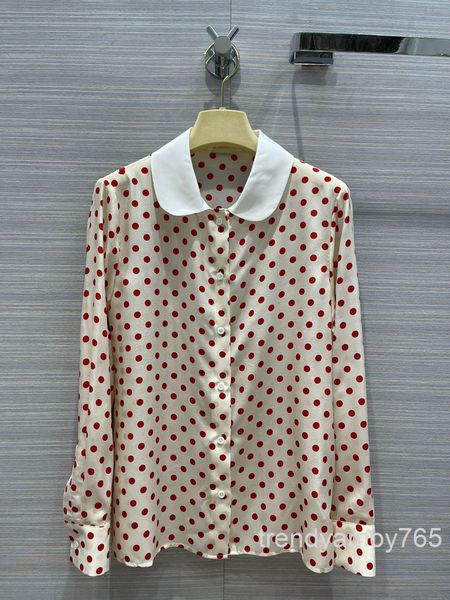 

women's blouses & shirts wave dot printed silk shirt sweet aging contrast color lapel spring and autumn women's high end, White