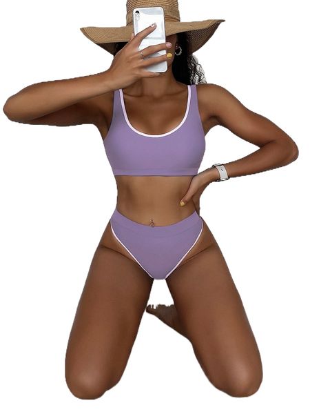 

plain contrast binding bikini swimsuit m6bu#, White;black