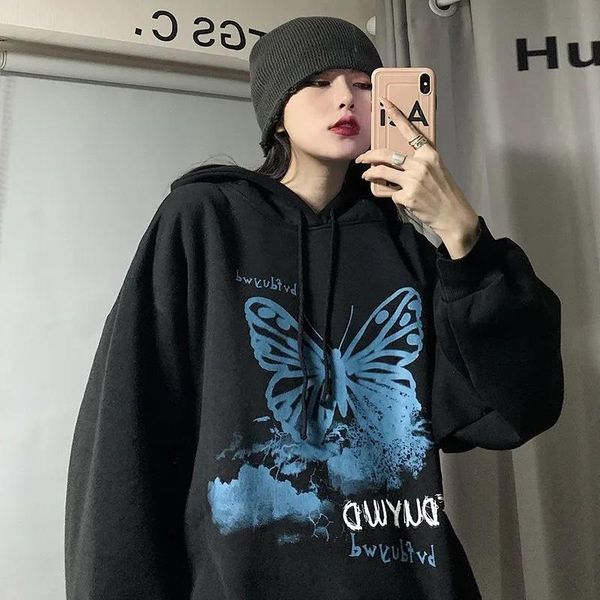 Kadın Hoodies Sweatshirts Sweater Kadınlar Sonbahar ve Kış Harajuku Ceket High Street Top T-Shirt Y2K Kırmızı Kelebek Mektubu Basılı Gevşek