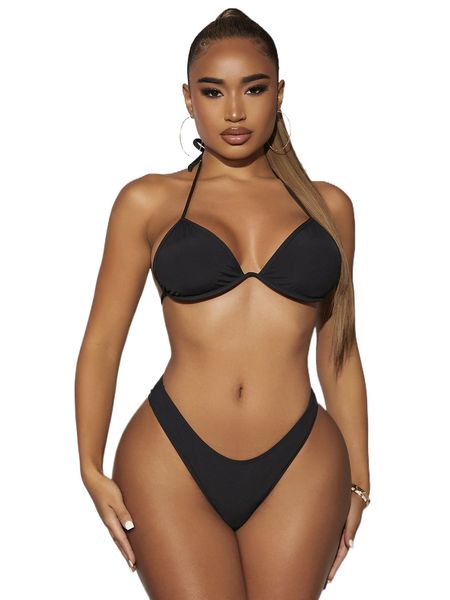 

sxy plain rib halter bikini swimsuit l5uh#, White;black