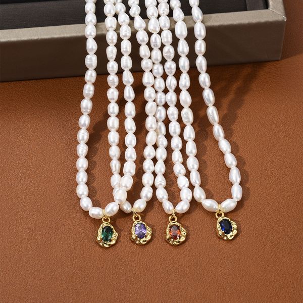 

summer natural freshwater pearl rice bead necklace 18k copper gold plated oval gemstone pendant geometric fashion jewelry, Silver