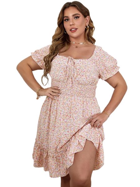 

plus ditsy floral tie front dress b2s6#, Black