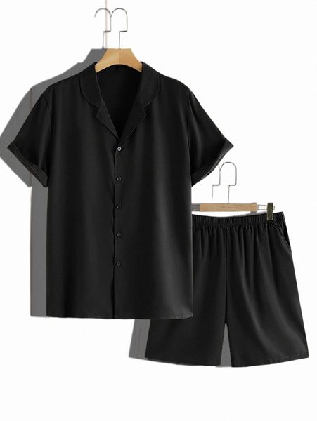 

men solid lapel neck shirt & shorts r0m9#, Gray