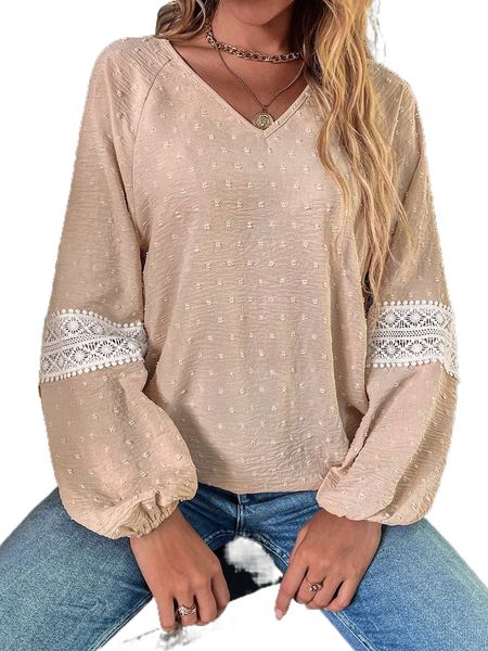 

swiss dot contrast guipure lace lantern sleeve blouse g022#, White