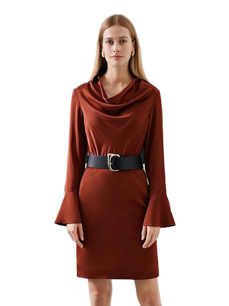 

motf premium bell sleeve draped shirt dress without belt b46t#, Black;gray