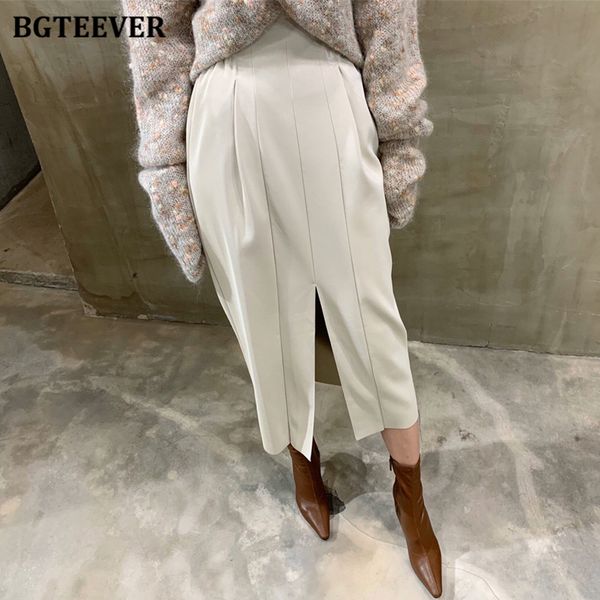 

fashion high waist split female pu leather midi skirts 2022 autumn streetwear women skinny package hip skirts, Black