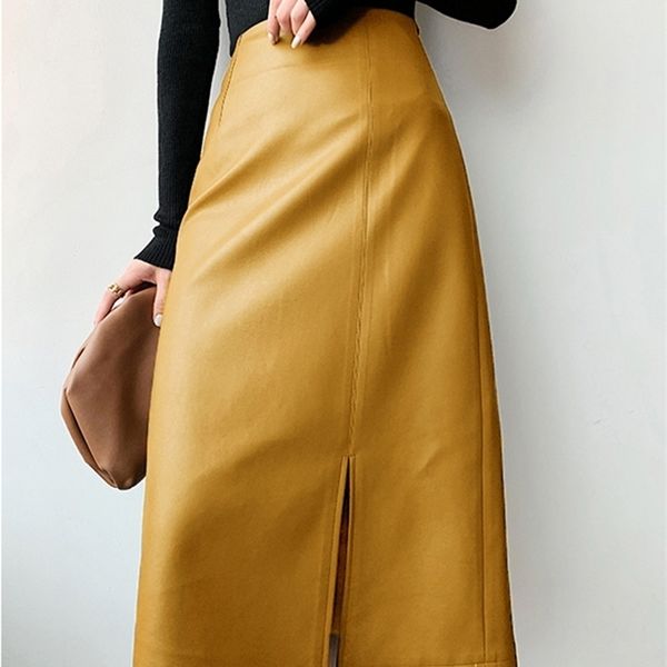 Nerazzurri Midi-Röcke unterhalb des Knies. Gelb-schwarzer weicher Lederrock für Damen, Reißverschluss, lang, gerade, für hohe Taille. 220317