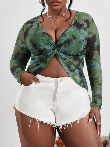 

sxy plus tie dye twist front plunging tee t3yf#, Black