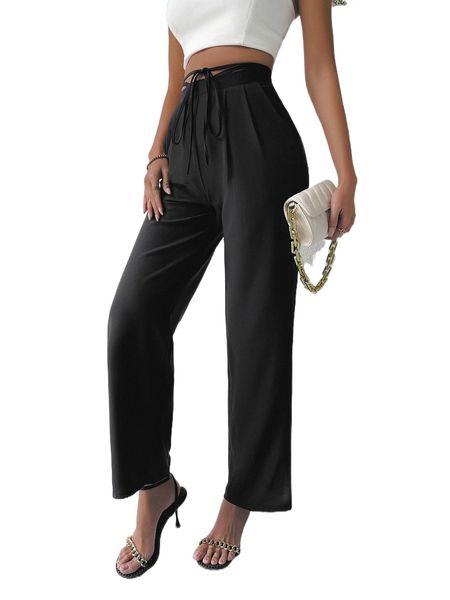 

solid tie front straight leg pants m65j#, Black;white