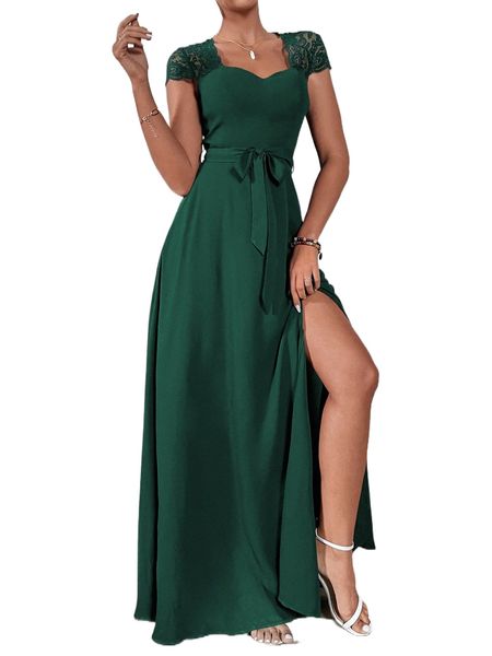 

contrast lace backless belted wrap hem dress m1jz#, Black;gray