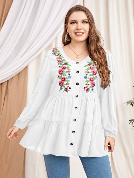

plus floral embroidery button front peplum blouse a4wz#, Black