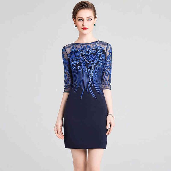 

casual dresses high-end three quarter sleeve perspective mesh embroidery slim waist dress 17233 2igd, Black;gray
