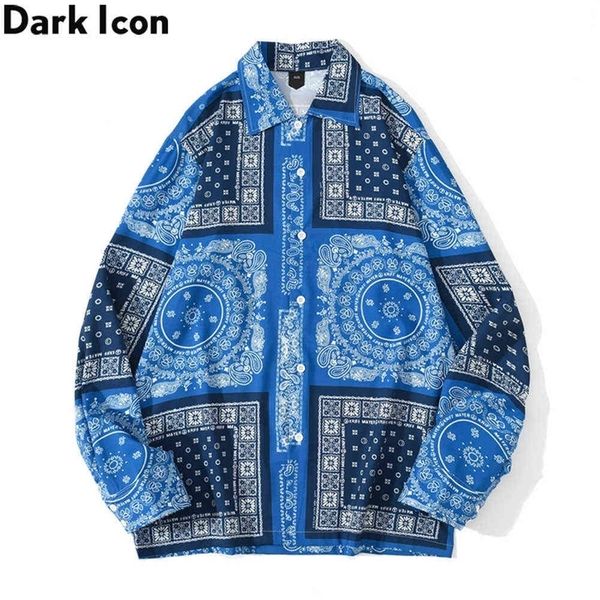 

dark icon blue bandana shirt men turndown collar street men's shirt long sleeved casual shirts man 210706, White;black