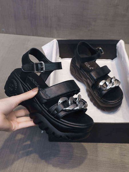

muffins shoe clear heels women comfy platform sandal shoes increasing height 2021 summer suit female beige clogs wedge flat thic y220426, Black