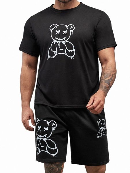 

extended sizes men cartoon graphic tee & drawstring shorts d91s#, Gray