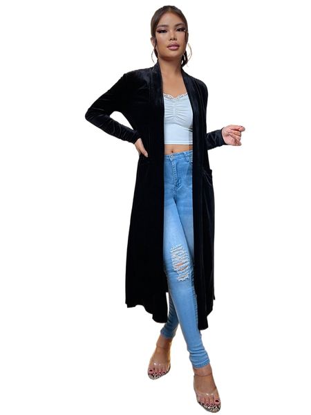 

pocket patched open front velvet coat l6j2#, Black