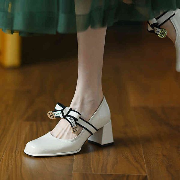 

sandals spring one line high-heeled shoes women's bow white square head thick heel mary jane small leather 63kr, Black
