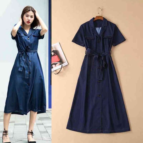

casual dresses women's wear summer suit collar lace up waist single breasted tencel denim dress, Black;gray
