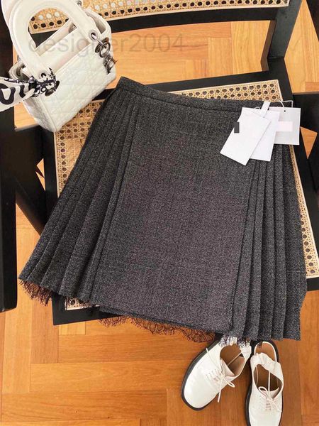 

skirts designer 2022 new british style wool lace edge pleated grey skirt ne90, Black