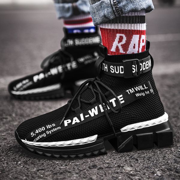 

fashion flying woven sock shoes men high chunky outdoor sneakers men damping non-slip shoes men casual shoes #lahxz-109, Black