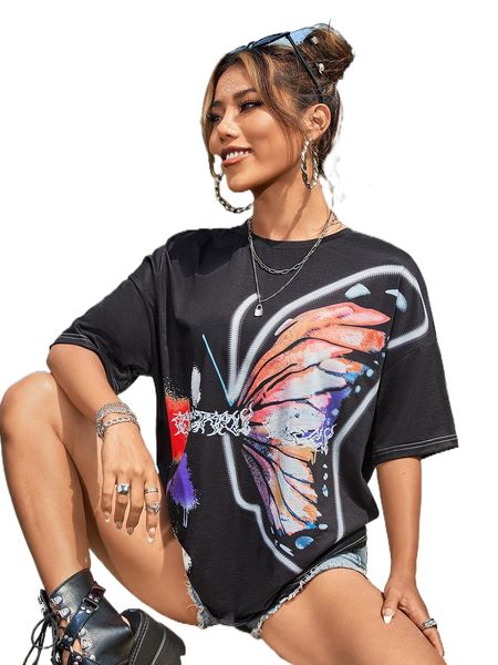 

butterfly print drop shoulder tee k2mr#, White