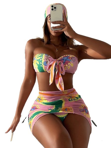

allover print bandeau bikini swimsuit with beach skirt & bandana s3je#, White;black