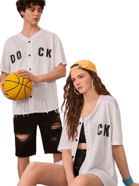 

1pc letter graphic button up shirt 87ow#, White;black