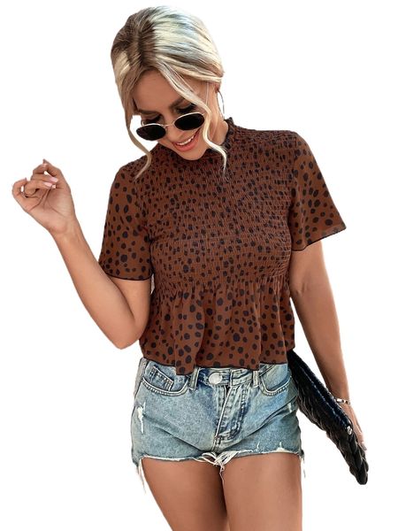 

dalmatian print shirred frilled neck peplum hem blouse g4jy#, White