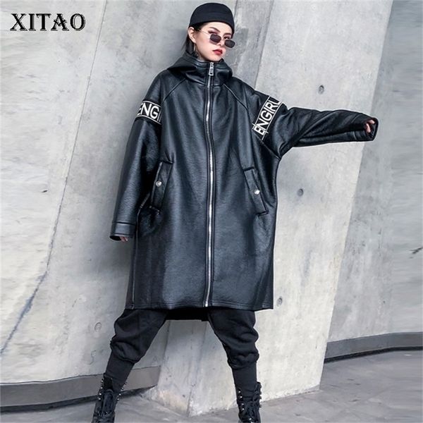 

xitao letter plus size faux leather women fashion autumn pocket elegant goddess fan hooded collar loose coat zll4442 201224, Black