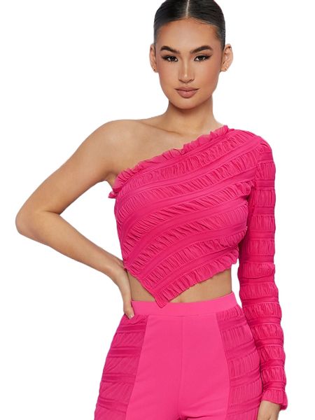 

one shoulder ruched frill trim hanky hem tee r5ql#, White