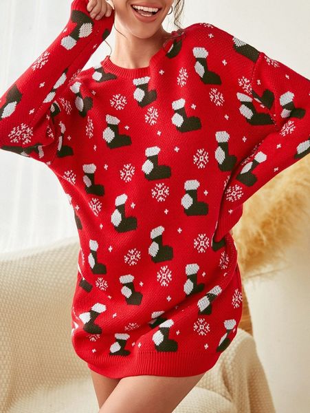 

christmas pattern drop shoulder sweater a5r5#, White;black