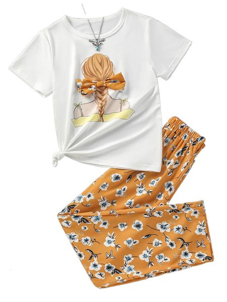 

girls figure print bow front tee & floral print pants e4yd#, Black;white