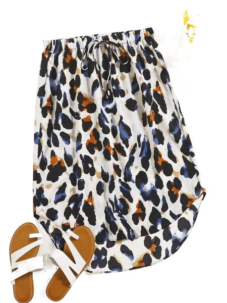 

plus allover print tie waist high low hem skirt 94es#, Black