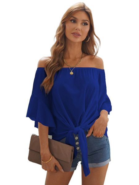 

off shoulder flounce sleeve knot hem blouse s4p6#, White