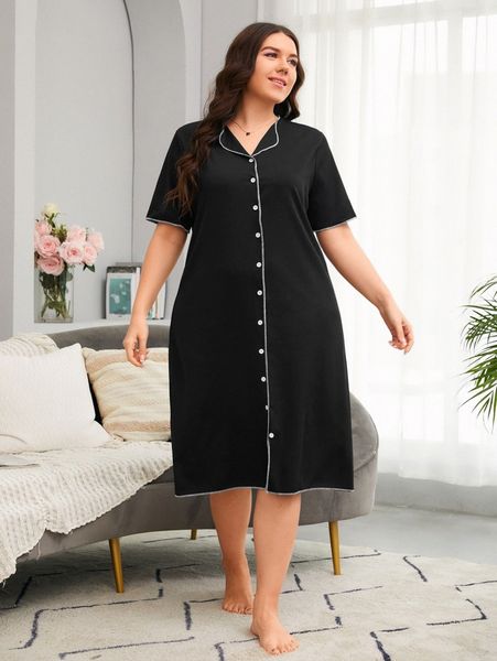 

plus contrast binding button up sleep dress u55f#, Black;white