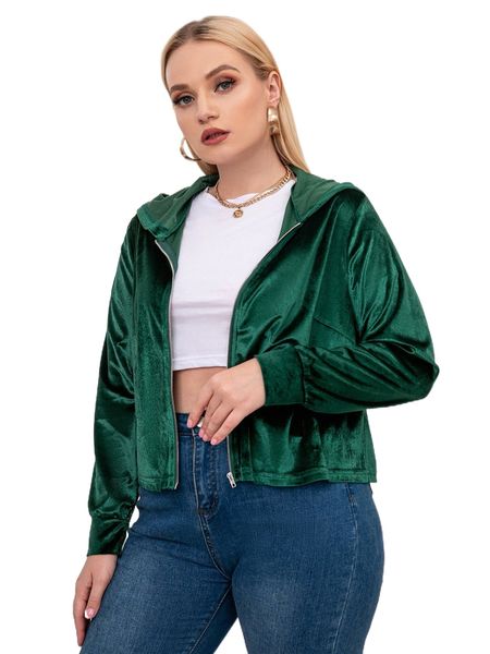 

plus zip up hooded velvet jacket y5ph#, Black