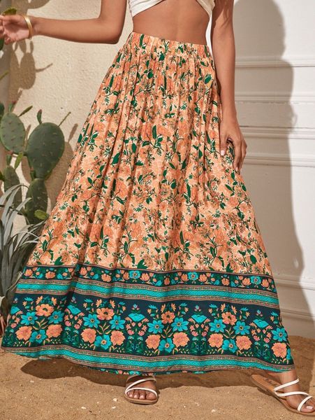 

high waist allover floral print skirt w7d7#, Black