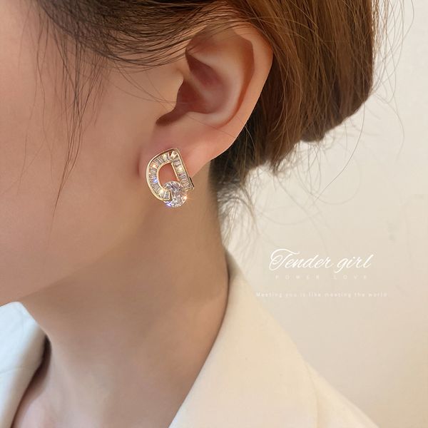 

real gold plated 925 silver needle korean simple letter zircon stud earrings graceful and petite earrings design eardrop women, Golden
