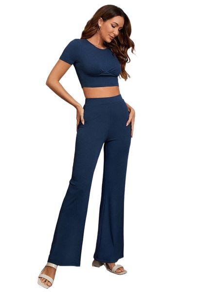 

ruched crop tee & flare leg pants e26b#, White