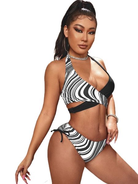

sxy allover print wrap bikini swimsuit g3qf#, White;black